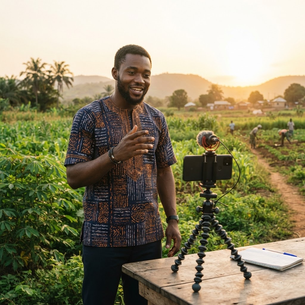 Jeune entrepreneur rural enregistrant une vidéo de motivation près d'un champ